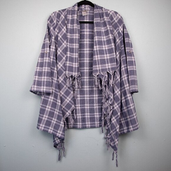entro Sweaters - Entro blue and white plaid open tassel cardigan-S